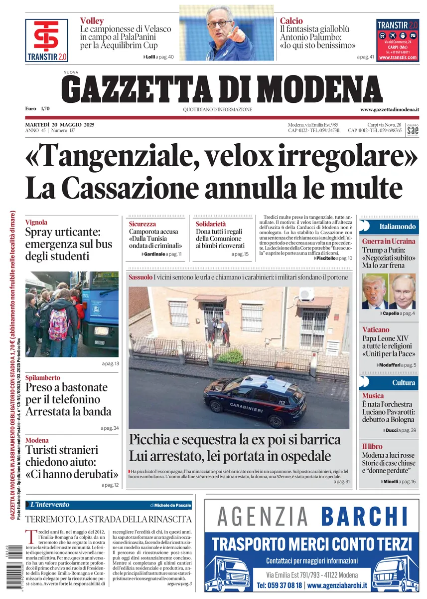 Prima-pagina-gazzetta di modena-oggi-edizione-del-2025-05-20